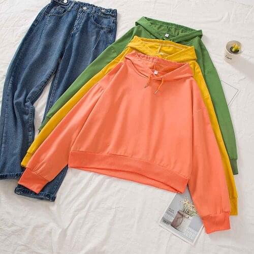 Solid Color Korean Fashion Top for Girl Hoodies Sweatshirt Women Vintage Kpop Clothes Short Long Sleeves Streetwear Hoodie