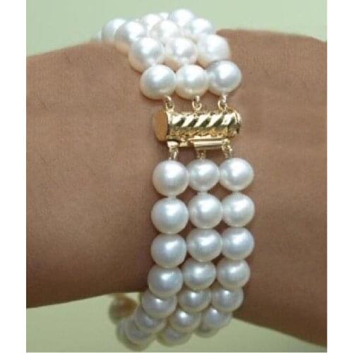 Wholesale price 16new ^^^^BEAUTIFUL 3 ROW 8-9MM 7.5-8" SOUTH SEA WHITE NATURAL PEARL BRACELET YELLOW