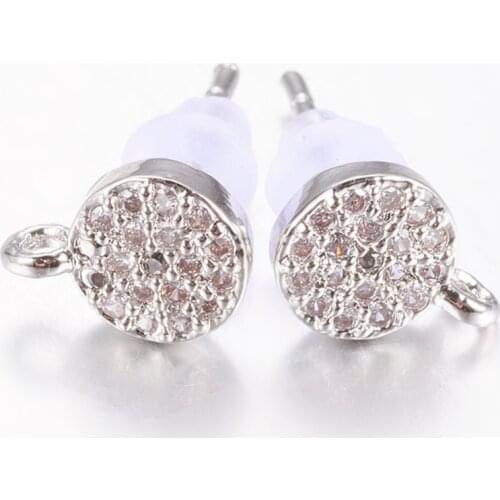 3Pairs 8x6x2mm Flat Round Brass Cubic Zirconia Stud Earring with Loop Earrings Plug Ear Back Jewelry Findings Accessories