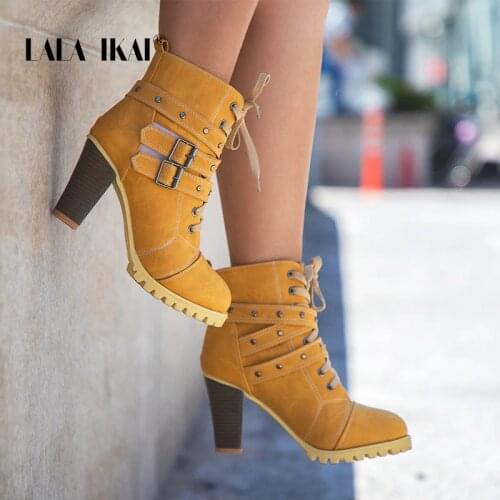 LALA IKAI Women Rivet Lace-Up Winter Boots Hook & Hoop Buckle Nubuck High Heel Round Toe Platform Chunky Boots 014C2241 -4