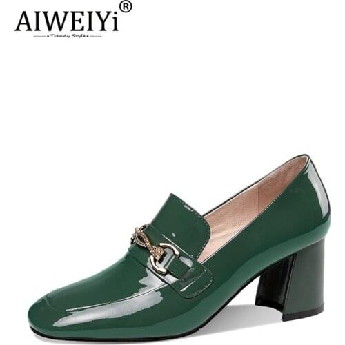 AIWEIYi High Heels Shoes Women Spring British Style Leather Thick Heel Square Toe Single Shoes Patent Leather Pumps