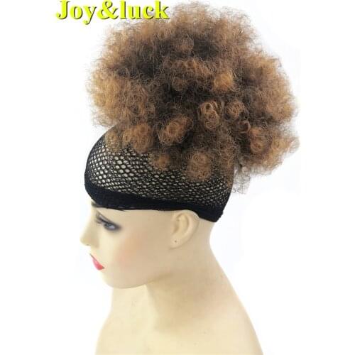 Joy&luck Short Afro Curly Drawstring Puff Chignon for Black Women Synthetic Curly Wig Ponytail with Clip in Brown Color