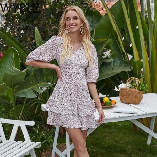 WYBLZ Floral Print Summer Dress Women Short Sleeve A-line Female Sexy Backless Mini Dresses Beach Holiday Ladies Sundress Robe