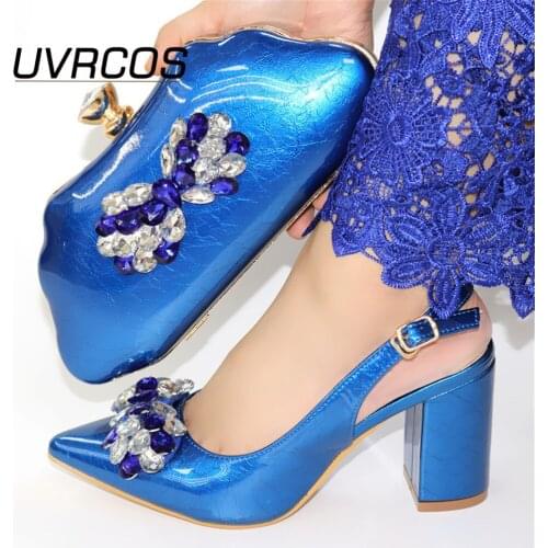 2021 Royal Blue Color Italian Design Shoes and Bags To Match Set Nigerian Women Wedding Shoes and Bags Sets with Applique