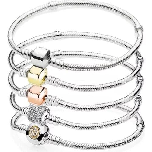 Authentic 925 Sterling Silver Moments Sparkling Pave Clasp Snake Chain Bracelets Fit Original Charm For Women DIY Jewelry Bangle
