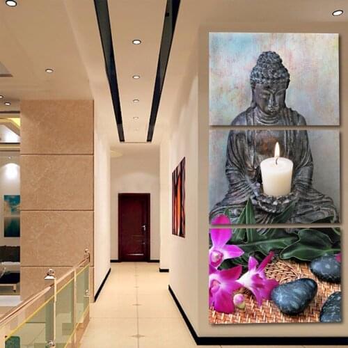 Buddhism Candle Flower Stone Religious Buddha HD Canvas Art Wall Painting For Living Room Home Decor 3 Pieces Artwork Picture