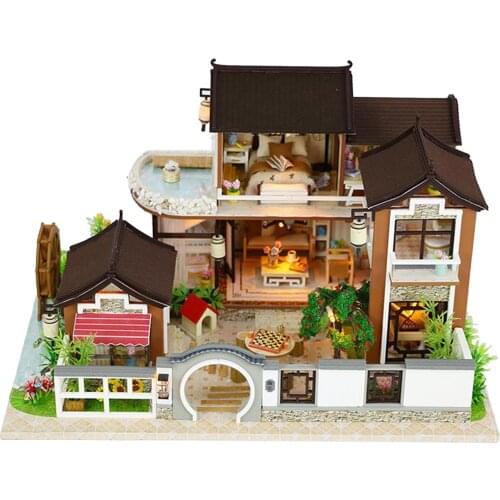 DIY LED Chinese Cottage Dollhouse Miniature Wooden Furniture Kit Doll House