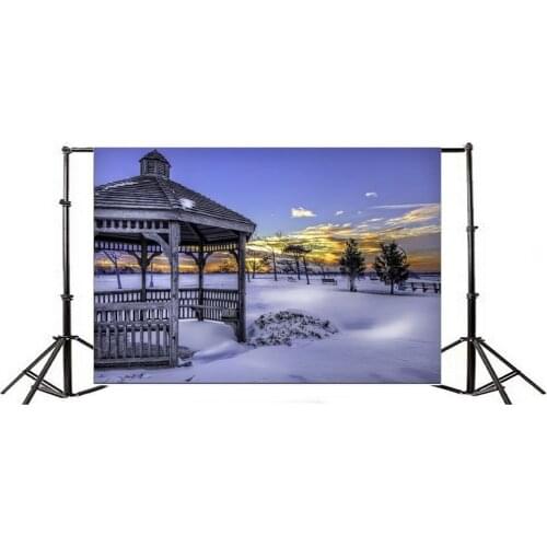 Photography Backdrop Snow Covered Landscape Pavilion Trees Blue Sky White Cloud Winter Merry Christmas