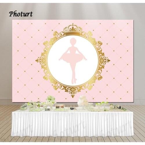 PHOTURT Pink Girls Ballerina Photography Backdrop Gold Frame Crown Plaid Birthday Party Backgrounds For Photo Studio Props
