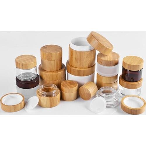 Engraving logo 5g 10g 15g 30g 50g Frosted Glass Jar Skin Care Eye Cream Jars Pot Refillable Bottle Cosmetic Container wood lids