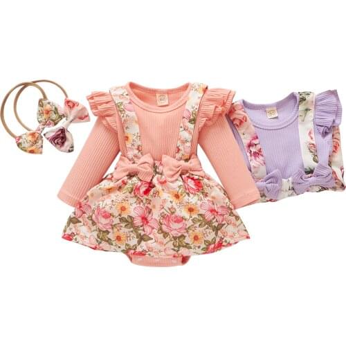 Infant Baby Girls Two-piece Clothes Set, Floral Printed Pattern Long Sleeve Romper and Headdress, Pink/ Purple