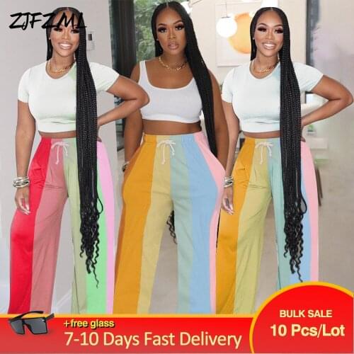 Bulk Items Wholesale Lots Womens Long Pant Fashion Casual Empire Drawstring Colorful Striped Print Loose Boot Cut Legging New