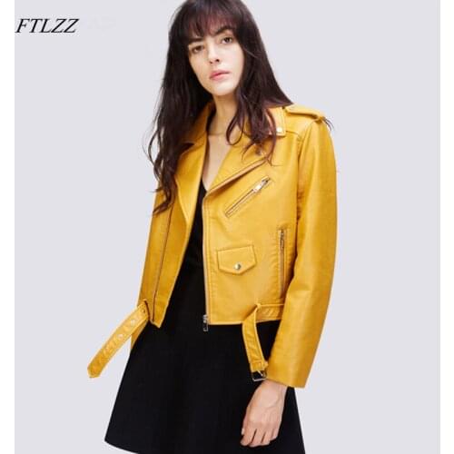 FTLZZ Autunm Winter Yellow Pu Leather Jackets Lady Bomber Motorcycle Cool Outerwear Short Coat With Belt Coat S-XXL