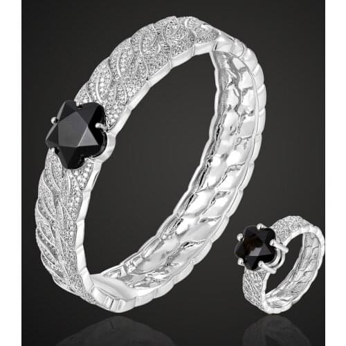 Zlxgirl brand women size copper pave setting bracelet sets perfect jet black cubic zircon flower bangle with ring jewelry set