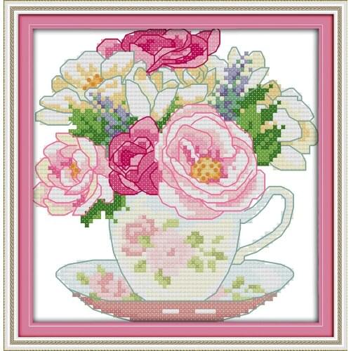 Tea and flowers cross stitch kit flowers rose Aida count 14ct 11ct printed embroidery DIY handmade needlework supplies bag