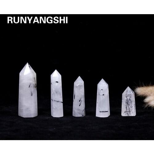Runyangshi 1pc Natural single point Black hair quartz crystal hexagonal prism Tourmaline crystal column Energy stone