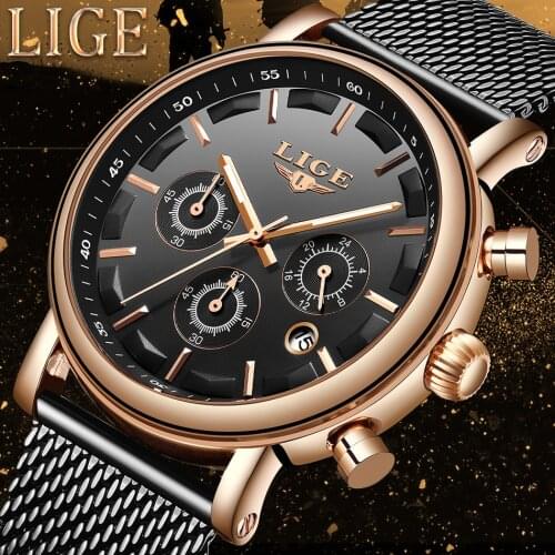 LIGE 9928 New Men Ultra-Thin Steel Mesh Band Casual Waterproof Wristwatches Fashion Multi-Function Sports Quartz Watch Male