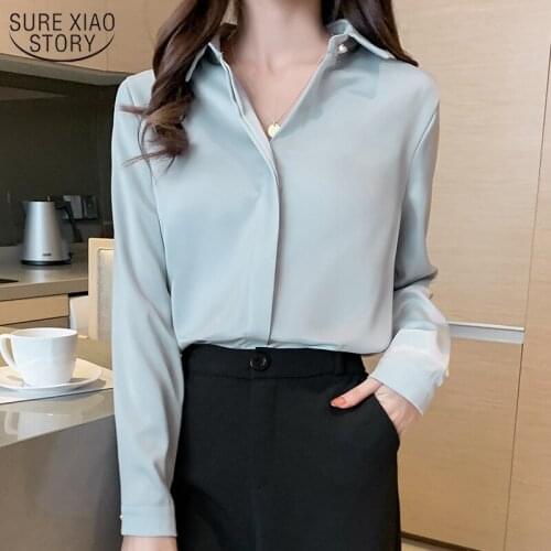 Autumn New Long-Sleeve Silk Womens Shirt 2021 Office Lady Turn Down Collar Solid Blouse Women Elegant Ladies Tops Blusas 10618