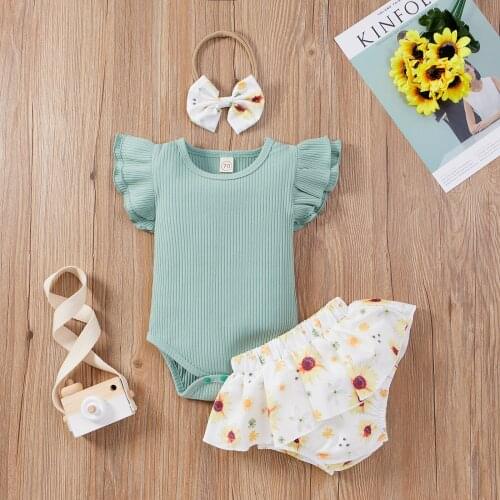 Three Piece Baby Girl’s Clothes Fashion Solid Color Fly Sleeve Romper and Flower Shorts with Headband