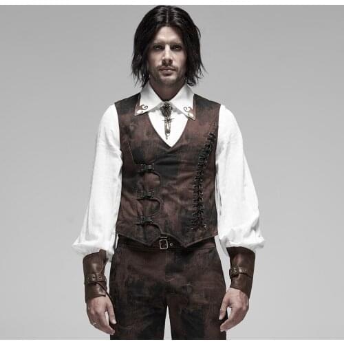 PUNK RAVE Mens Steampunk Mottled Stripes Vest Punk Irregular Hem Fit Sleevelss Party Dinner Short Personality Waistcoat