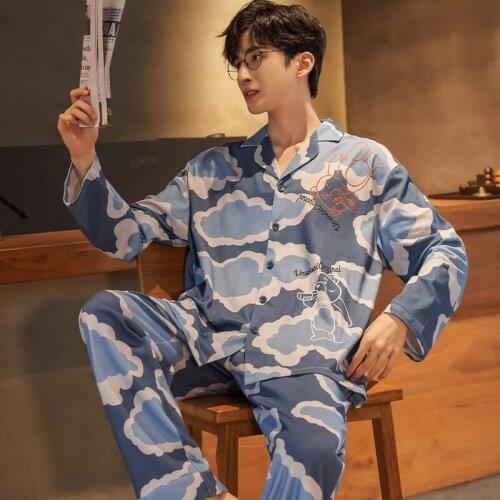 PURE Cotton Turn-down Collar Button-Down Long Sleeve Trousers Pajama Autumn Winter Boy Man cozy Jammies Nightwear Pyjamas CKE