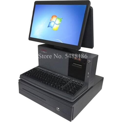 All in One POS System Dual 15.6 inches Display Built-in 58mm Thermal Recipt Printer Cash Drawer for Supermarket Retail Stores