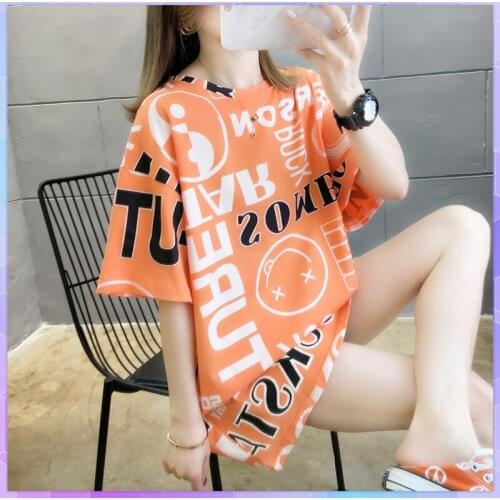 Letter Short-sleeved T-shirt Womens Tee Shirt 2021 Summer Plus Size Blusas Funny Anime Loose Long Shirt Top Womens Clothing