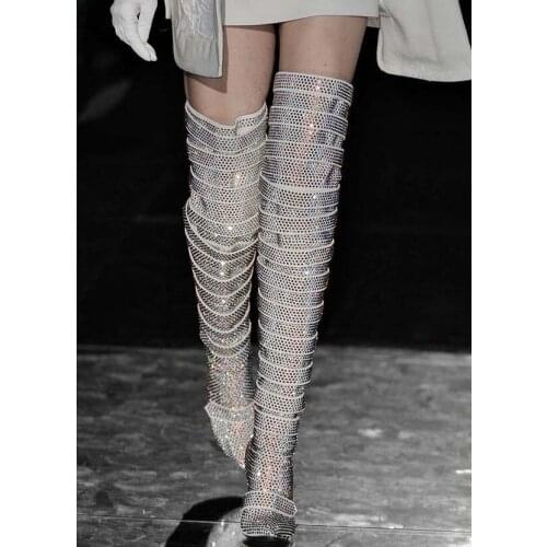 Fashion Women Bling Bling Rhinestone Circle Straps Boots Woman Crystal Over the Knee Boots Thin Heels Pointed toe Knight Boots