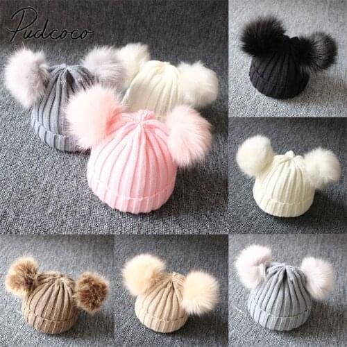 Newborn Baby Kids Girls Boys Hat Winter Warm Knit Hat Baby Gifts Furry Balls Pompom Solid Warm Beanie Cap