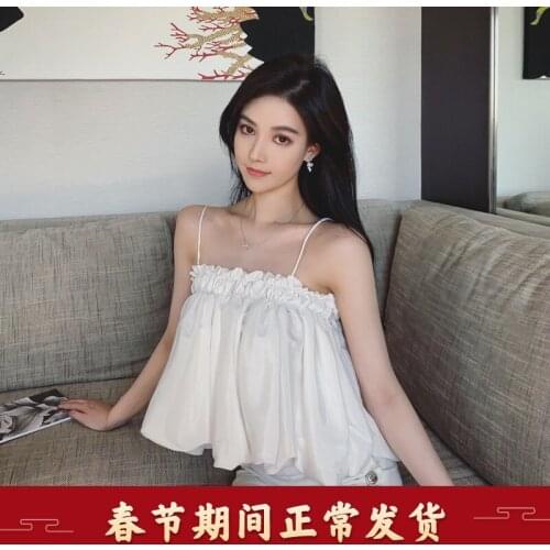 Cream puff chiffon shirt one shoulder sleeveless top womens summer 2021 NEW