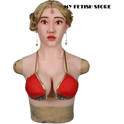 Sivir-1G)Crossdress Full Head Realistic Silicone Girl Female Disguise Party Cosplay Transgender Mask With E Cup Breast Torso