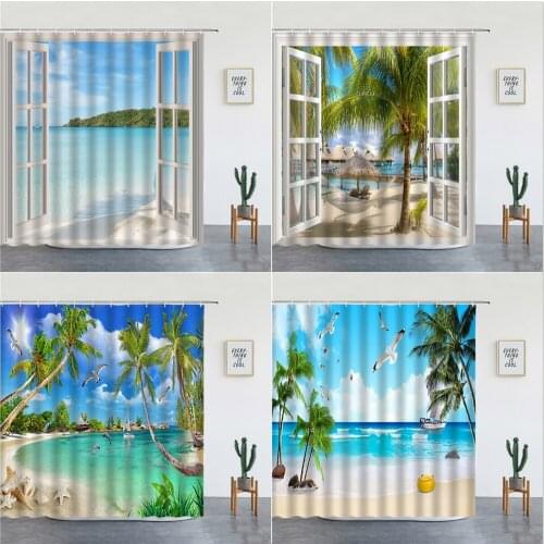 Ocean Natural Scenery Shower Curtains Beach Palm Tree Sea Summer Landscape Waterproof Bathroom Decor Bathtub Screen With Hooks