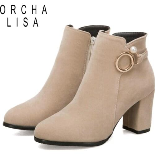 ORCHALISA Womens half boots Ankle boots Flock Square-Heeled Side Zipper Short-Tube Boots Belt Buckle High Heel British Style