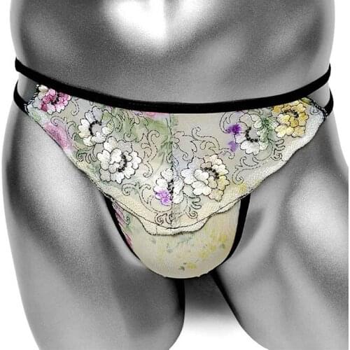 Sissy Embroidery Thong Panties Penis Pouch Sexy Men Bikini G String Underwear Mesh Transparent T Back Gay Lingerie