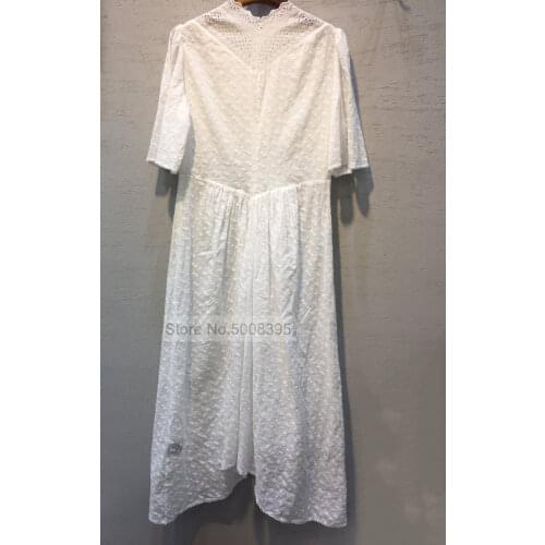 Woman White Cotton Midi DRESS funnel Collar Lace Embroidered Broderie Anglaise Short Sleeves Fashion Dress 2021ss