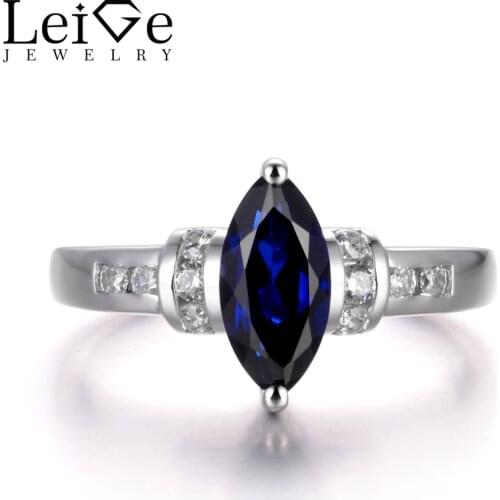 LeiGe Jewelry Blue Sapphire Rings Unique Promise Ring September Birthstone Ring Marquise Cut Blue Stone Ring 925 Sterling Silver