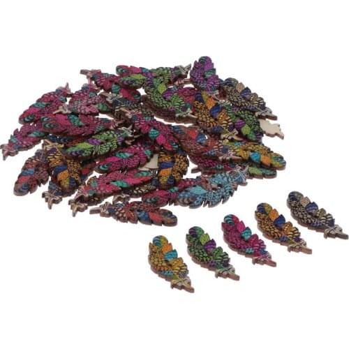 100pcs Feather Wooden Decorative Buttons Flatblack for Scrapbook Cardmaking