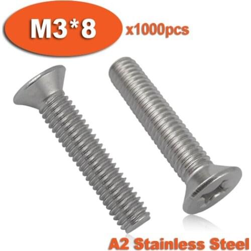 1000pcs DIN965 M3 x 8 A2 Stainless Steel Screw Cross Recessed Countersunk Flat Head Screws