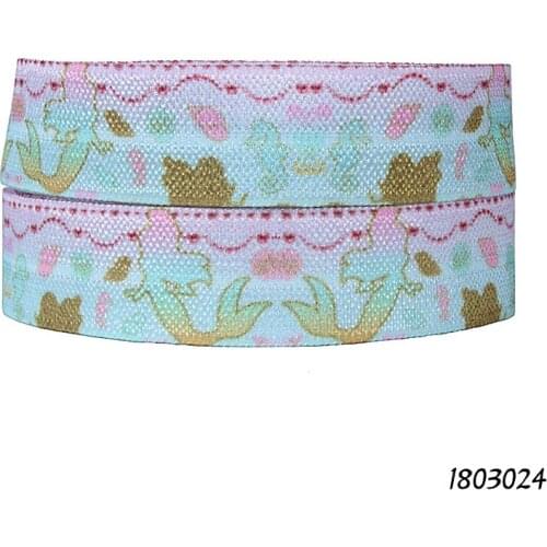 50 yards/lot) Flora Ribbons heat transfer printed mermaid fold over elastic for hair ties