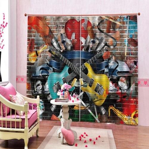 European Style oil painting guitar Curtain Fabric Modern Home Decor Blackout Digital Print Drapes For Living room Bedroom Sets
