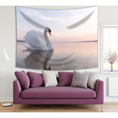 Tapestry Swan Lake on Waterscape with Bird and Reflection Peaceful Summer Morning Nature Photo Beige Gray White