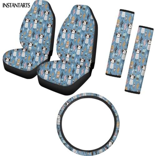 INSTANTARTS Cute Llama Cactus Printing Washable Vehicle Seat Cushion Anti-Slip Car Steering Wheel Cover Seatbelt Covers Set of 5