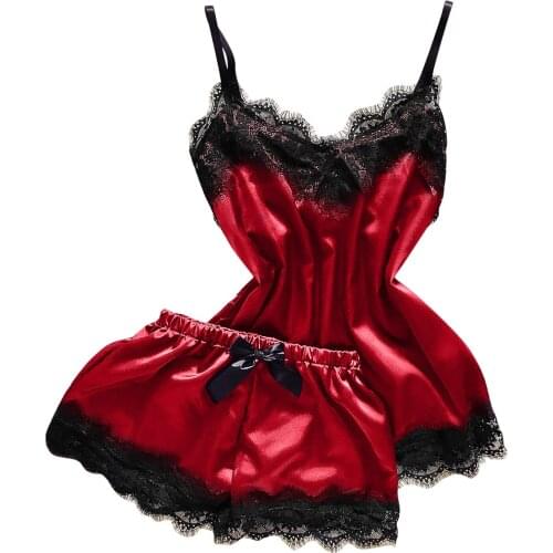 Hot Selling Sexy Women Pajamas Eyelash Iace 2 Piece Sets V-Neck Eyelash Lace Sexy Stain Camisole Pajamas Bowknot Shorts Set