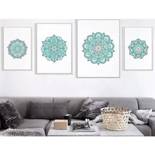 Mandala Wall Art Canvas Painting Bohemian Wall Art Prints Teal Gray Wall Art Abstract Bathroom Bedroom Living Room Wall Decor