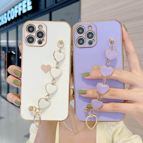 Cute Love Heart Phone Case For iPhone 11 12 Pro Max Mini X XR XS Max 7 8 Plus SE 2020 Wrist Chain Soft Electroplating Back Cover