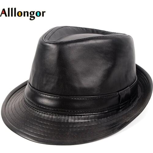 Fashion Pu Leather gentleman Fedora Hat Men Autumn 2020 Fedoras Solid Black Vintage Dad Hats chapeau Femme Cap Panama Jazz Hat