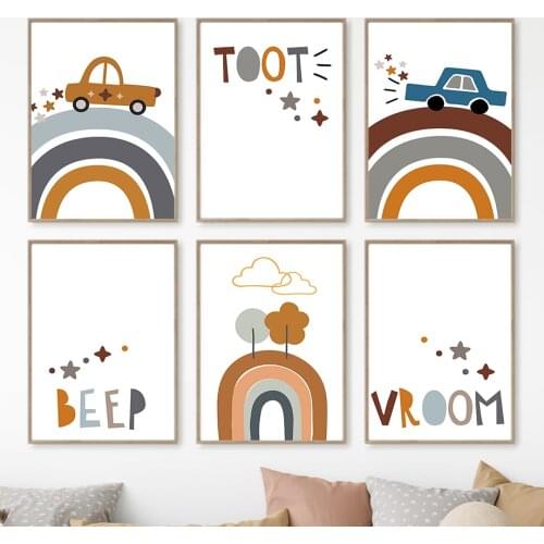 Cartoon Car Rainbow Tree Cloud Quotes Wall Art Canvas Painting Nordic Posters And Prints Nursery Wall Pictures Kids Room Decor
