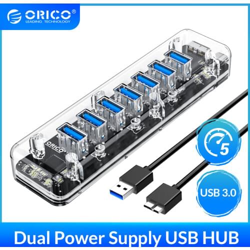 ORICO 4/7 Port USB 3.0 Hub Dual Power Supply Splitter Adapter OTG USB C Charger Hub Powered PC Computer Peripherals Accessories