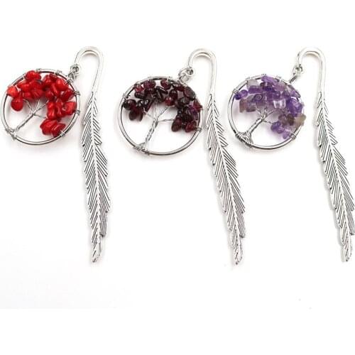 Silver Plated Tree of Life Rainbow Stone Pendant Feather Bookmark Red Coral Classic Style Jewelry