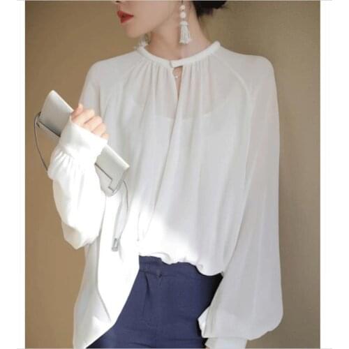 Spring Summer Women Elegant Shirt Office Lady Chic Long Sleeve V-Neck Loose Solid White Tops Female Plus Size Blouse Workwear